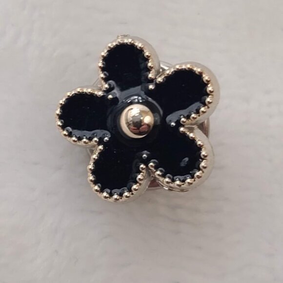 Vintage Black Enamel Flower Pin Silver Tone Lapel Brooch - Picture 2 of 5